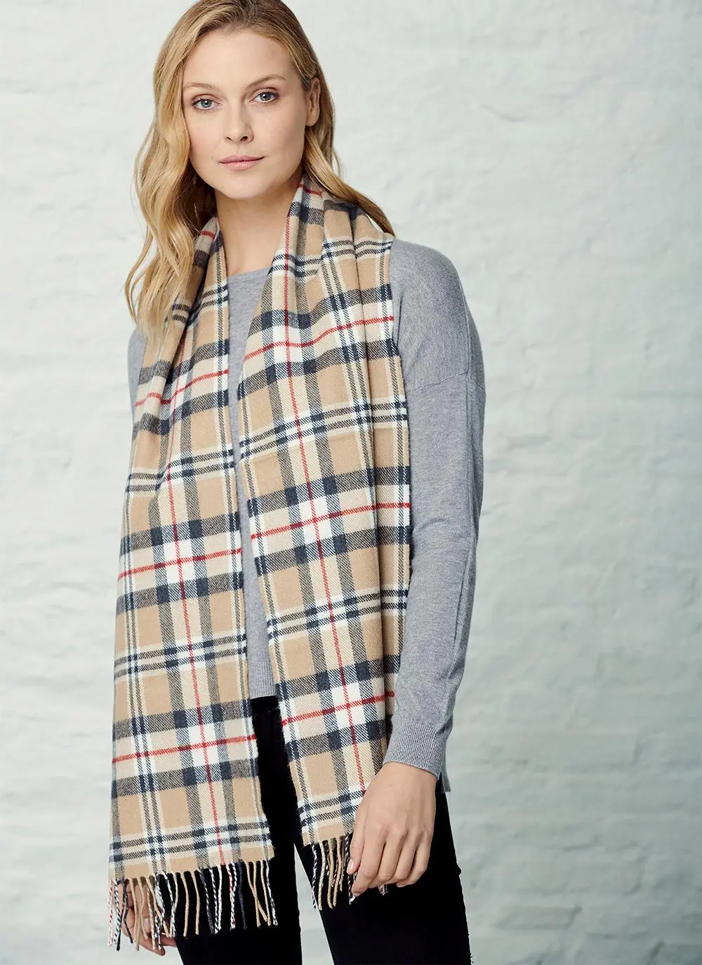Extra Fine Merino Wool Fringed Check Scarf 